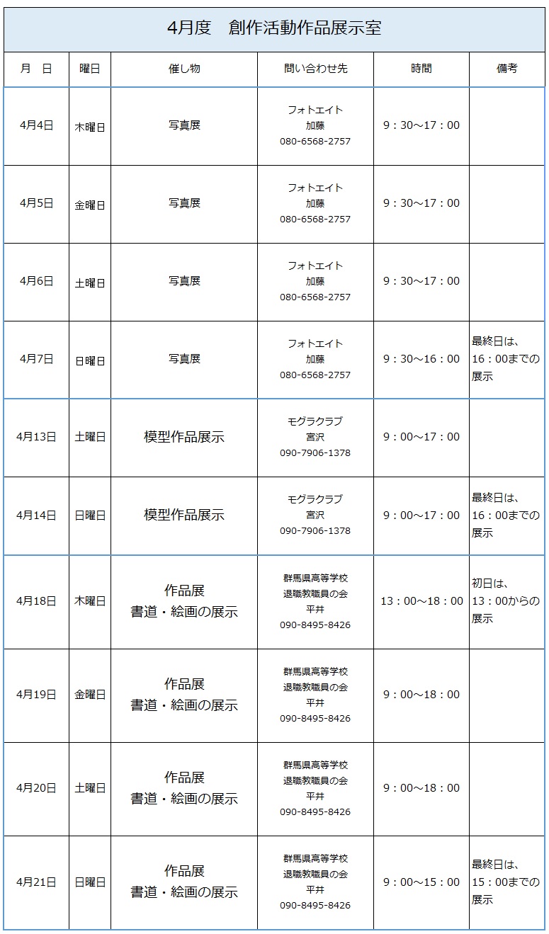 ４月度　創作活動作品展示室　展示予定表