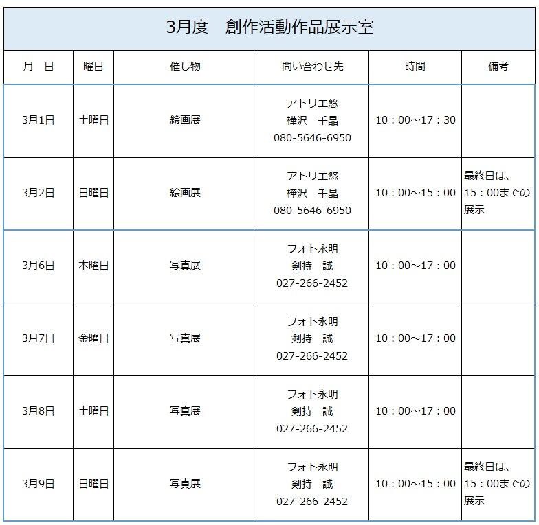 3月度　創作活動作品展示室　展示予定