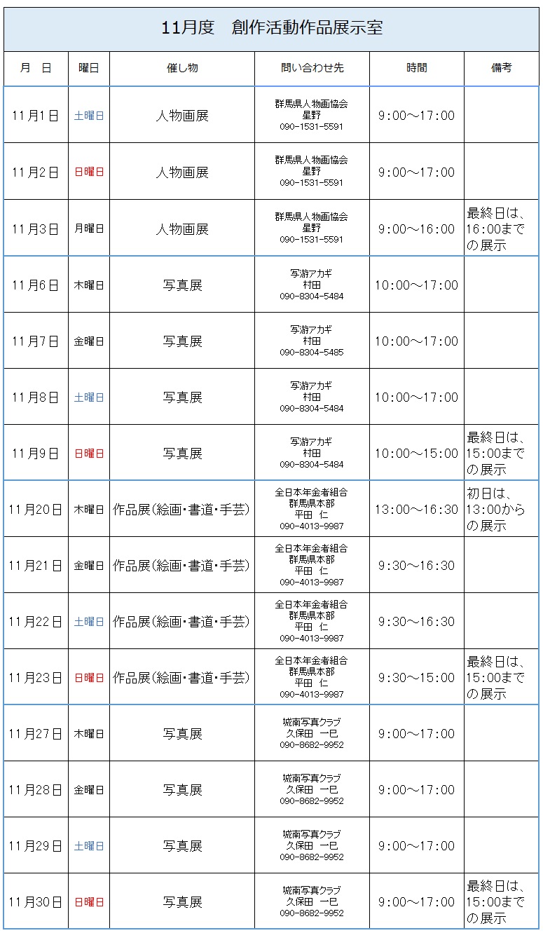 11月度創作活動作品展示室予定