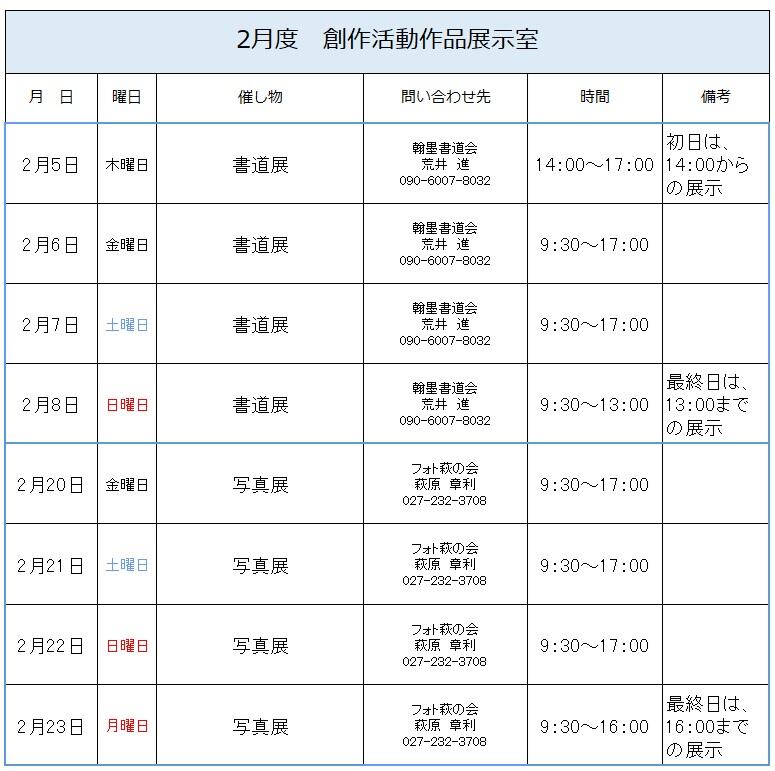 令和8年　２月創作活動作品展示室予定