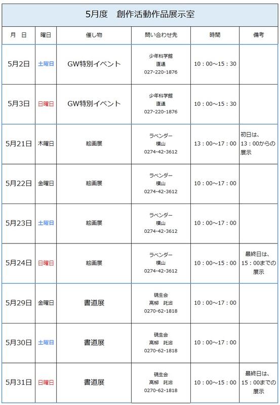 ５月度　創作活動作品展示室　展示予定