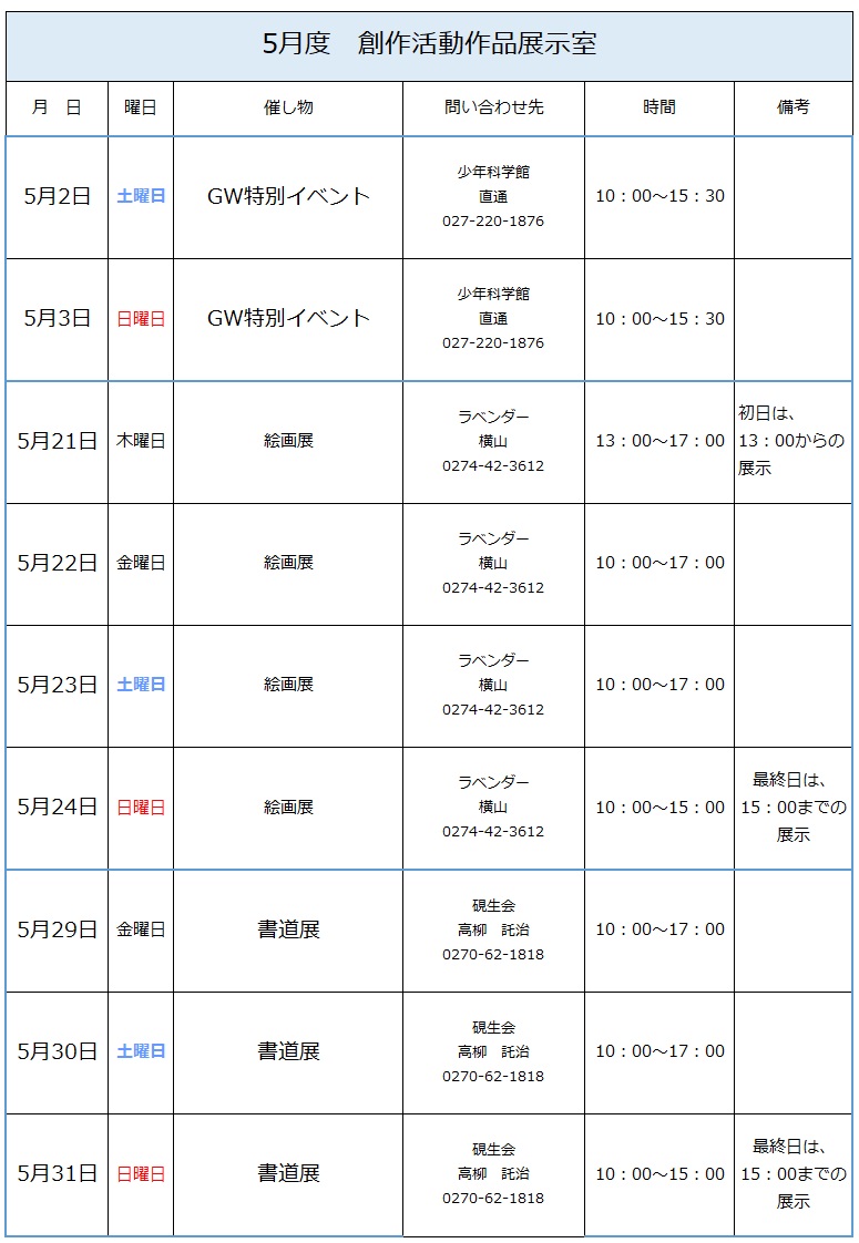 5月度創作活動作品展示室予定表