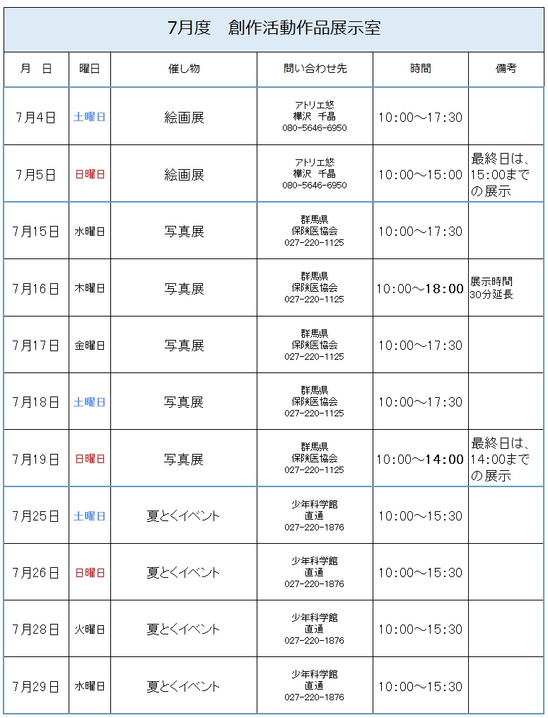 7月度創作活動作品展示室予定