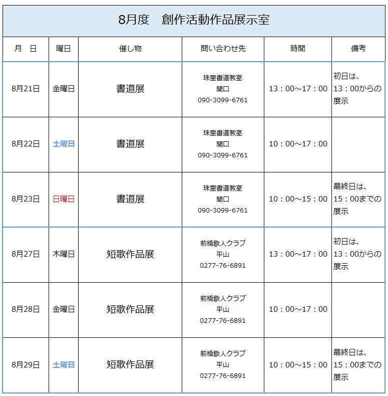 8月度創作活動作品展示室　展示予定