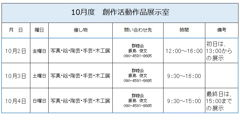 10月度創作活動作品展示室予定